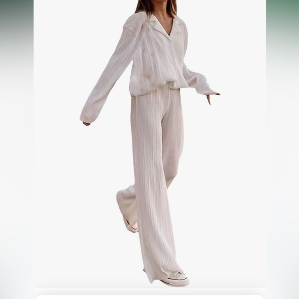 Wide Leg Pants Sets Women 2 Piece Casual Long Sleeve Button Shirt Linen Pants